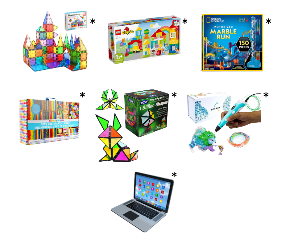 building toys, art supplies, games, 3D printing pen, laptop