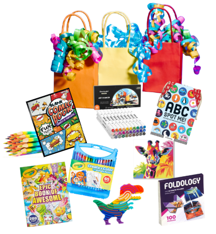 gift bags, games, art supplies, fidget toys